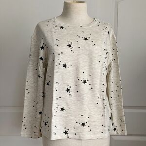 Monrow Pullover Lounge Top Star Print 3/4 Sleeve Round Neck Grey Black L NWT